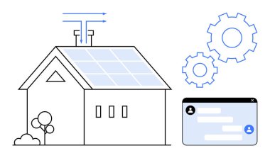 Güneş panelleri, sinyal dalgaları, dişliler ve kullanıcı arayüzü paneli olan bir ev. Temiz enerji, ev otomasyonu, IOT, sürdürülebilirlik, yenilenebilir kaynak teknolojisi entegrasyonu için ideal basit iniş