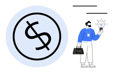 Büyük bir dolar işaretinin yanında evrak çantası taşıyan bir iş adamı ampulü tutuyor. Finans, yenilik, girişimcilik, yatırım, yaratıcılık, iş stratejisi, tasarruf için idealdir. Basit düz