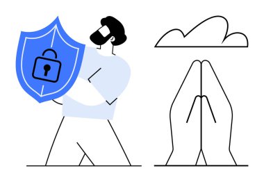 Korumayı sembolize eden, güvenli kilidi olan bir kalkan tutan kişi. Yakınlarda dua eden eller ve bir bulut simgesi var. Güvenlik, gizlilik, güven, inanç, güvenlik maneviyatı ve veri kavramları için idealdir. Düz