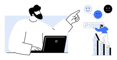 Başka bir karakter veri gösterimini ayarlarken geri besleme duygu seçeneklerini gösteren dizüstü bilgisayar kullanan kişi. Müşteri memnuniyeti, anket, UX tasarımı, geribildirim, büyüme analizleri, karar için ideal