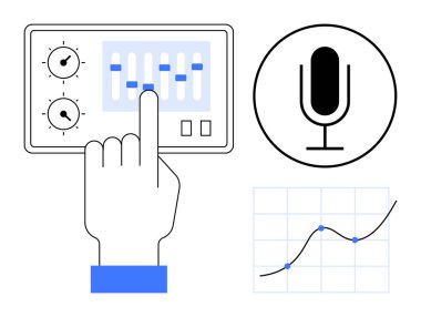 El ses kontrolleri, mikrofon ikonu ve eğri çizgi analiz çizelgesi ile etkileşim halindedir. Ses üretimi, ses mühendisliği, podcast, veri analizi, müzik, teknoloji sade iniş için ideal