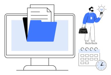 Dosya ve belgeli bilgisayar monitörü, profesyonel ampul fikri, takvim ve saat. Çalışma akışı, üretkenlik, planlama, organizasyon, yenilik zamanı yönetimi için ideal dijital