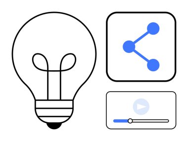 Yenilik için ampul, ağ oluşturma için paylaşım sembolü ve multimedya için çalma düğmesi. Teknoloji, yaratıcılık, eğitim, yenilik, iletişim, basit iniş sayfası paylaşımı için ideal