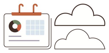 Bulut depolama ve bağlantıyı temsil eden iki bulut yanında veri tablosu ve ızgarası olan takvim. Üretkenlik, zamanlama, bulut hesaplama, zaman yönetimi, analiz, iş akışı için ideal
