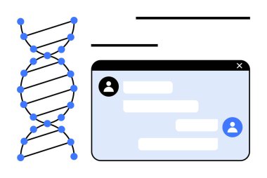 Kullanıcı simgeleri ve mesaj kutuları olan dijital bir sohbet penceresinin yanında DNA ipliği. Genetik, biyoteknoloji, iletişim, işbirliği, bilim, sağlık hizmetleri, basit iniş sayfası için ideal