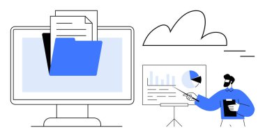Bilgisayar ekranında belge, bulut simgesi, analitik sunan kişi içeren dizin. Bulut depolama, teknoloji, dijital içerik, veri yönetimi, iş eğitimi analizleri için ideal. Basit düz