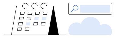 Vurgulanmış tarihli masa takvimi, arama çubuğu ve bir bulut ögesi. Organizasyon, zaman yönetimi, veri depolama, dijital araçlar, zamanlama, çevrimiçi üretkenlik için ideal basit iniş