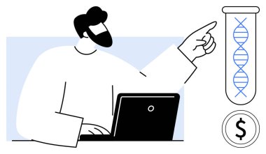 Bilgisayar üzerinde çalışan bilim adamı, test tüpündeki DNA yapısını işaret ederken para birimi işareti kullanıyor. Genetik, biyoteknoloji, araştırma, yenilik, yatırım, sağlık ve eğitim için ideal. Basit düz