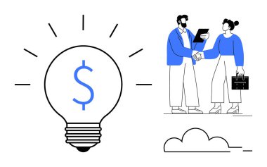 Dolar işareti olan ampul, finansal fikirleri simgeler. İki profesyonel el sıkışır, anlaşırlar. Finans, takım çalışması, yenilik, hedef belirleme, ağ oluşturma, girişimcilik için ideal