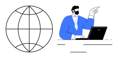 Mavi takım elbiseli adam dizüstü bilgisayarda çalışırken dışını işaret ediyor. Yanında da dünya sembolü var. İş için ideal, küresel strateji, ağ oluşturma, liderlik, iletişim, teknoloji yeniliği. Basit düz