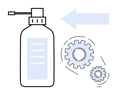 Dönen dişliler ve yön oku yanında aplikatör ile şişe. Bakım, verimlilik, mekanik, mühendislik, yağlama, imalat ve onarım için ideal. Temiz, düz metafor