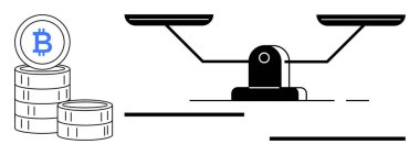 Finansal değerlendirmeyi, dijital para birimi karşılaştırmasını, kripto para eğilimlerini gösteren bir denge ölçeğinin yanında bitcoin yığını. Ekonomi, ticaret, yatırım, engelleme zinciri, analiz ve pazar için ideal
