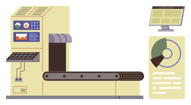 Taşıyıcı bandı, kontrol düğmeleri, veri ekranı, gösterge paneli ve performans çizelgesi olan endüstriyel bir makine. Otomasyon, üretim, analitik, teknoloji verimliliği için ideal