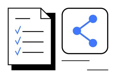 Bir paylaşım simgesinin yanında kontrol listesi belgesi. İşbirliği, üretkenlik, iş akışı, takım çalışması, iletişim, organizasyon ve görev paylaşımı için ideal. Basit bir iniş sayfası için mükemmel.