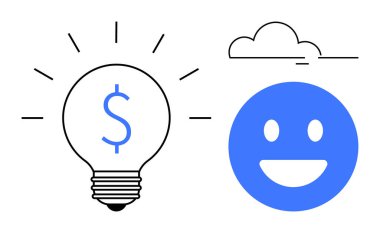 Dolar işaretli ampul yeniliği ve finansal fikirleri sembolize eder. Mavi mutlu yüz neşeyi iletir. Bulut basitliği gösterir. Yaratıcılık, finans, mutluluk, motivasyon, minimalizm ve takım çalışması için ideal