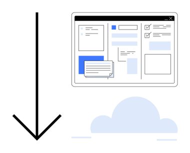 Dosya düzenli arayüzü, kontrol listeleri ve düzenleri olan bir bulut sistemine indiriliyor. Bulut hesaplama, veri depolama, proje yönetimi, iş akışı, dijital dönüşüm, uzaktan kumanda için ideal