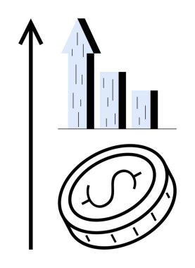 Yükselen bar tablosu ve doların yanında dikey ok büyümeyi, yatırımı, karı ve başarıyı temsil ediyor. Ticari, finans, ekonomi, pazarlama ve yatırımlar için idealdir.