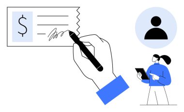 Çek üzerinde el yazısı imzası, dolar simgesi, tablet kullanan kadın profesyonel, profil simgesi. Finans, sözleşmeler, bankacılık, takım çalışması, modern teknoloji uzaktan iniş sayfası için ideal