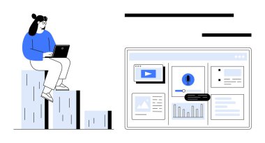 Çizelgelerin üzerinde oturan kadın, dizüstü bilgisayarını kullanarak grafikler, uyarılar ve veri içgörüleri sunuyor. Analiz, takım çalışması, teknoloji, iş dünyası, araştırma web tasarımı büyümesi için ideal. Basit düz