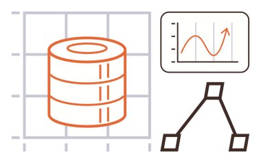 Yığılmış veritabanı silindiri, analitiği temsil eden çizgi çizelgesi ve süreçler için akış diyagramı. Teknoloji, iş dünyası, veri yönetimi, süreç görselleştirme, sistem optimizasyonu, bilişim için ideal
