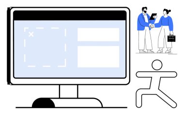 Masaüstü monitörü kullanıcı arayüzü düzenini gösterir. İki profesyonel dijital konularda el sıkışıyor. Soyut insansı figür takım çalışmasını temsil ediyor. İş, teknoloji ve işbirliği için ideal.