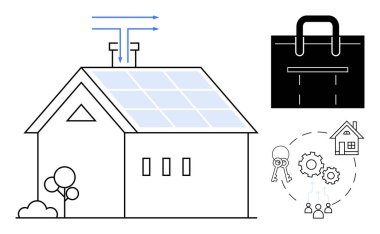 Güneş panelleri olan ev, enerji akışı çizgileri, ağaçlar, iş çantası, ev anahtarları, vitesler, insan simgeleri. Yenilenebilir enerji, eko-yaşam mülkiyet yönetimi teknolojisi ev sahipliği için ideal