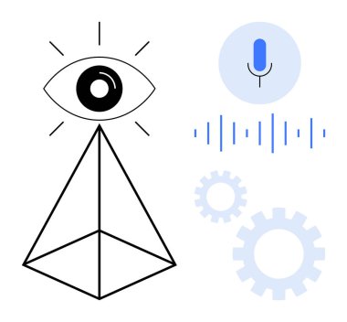 Piramidin tepesindeki göz, ses teknolojisi için ses dalgaları ve yenilik için vitesli mikrofon eşliğinde görüş ve algıyı ön plana çıkarır. Yapay zeka, teknoloji, yaratıcılık ve araştırma için ideal
