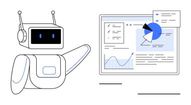 Robot jestleri ekran grafikleri, grafikleri, analizleri ve metin verilerini gösteriyor. Teknoloji, yapay zeka, otomasyon, makine öğrenme, veri bilimi yenilik stratejisi için idealdir. Basit iniş