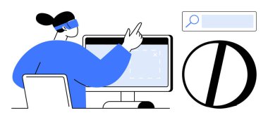 Arama çubuğu ve kısıtlama simgesinin yanındaki monitörü gösteren kişi. Teknoloji için ideal, kullanıcı arayüzü, web güvenliği, kısıtlı erişim, çevrimiçi arama, eğitim, basit iniş sayfası