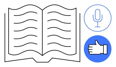 Dalgalı çizgileri olan açık bir kitap, dairesel bir mikrofon ikonu, ve mavi daireli bir el. Eğitim, öğrenim, sesli kitap, hikaye anlatma, inceleme, öğrenim materyali ve basit iniş için ideal