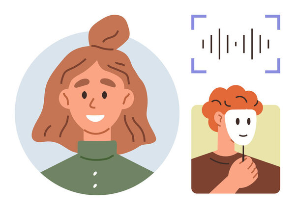 Улыбающаяся женщина, аудиоанализ звуковых волн и человек, держащий маску, указывающую на личность, технологию, частную жизнь. Идеально подходит для технологий, AI, аутентичности, конфиденциальности кибер-коммуникации доверите простую квартиру