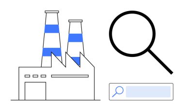 Çizgili bacaları olan bir fabrika. Büyüteç ve arama çubuğu ile eşleştirilmiş. Temalar için ideal endüstri, üretim, araştırma, teknoloji, yenilik, veri analizi, basit iniş sayfası