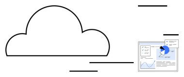 Gösterişli bir veri gösterge paneli, grafikler ve analitik arayüzü olan büyük bir bulut ana hatları. Teknoloji, veri yönetimi, yenilik, dijital depolama, verimlilik için ideal, SaaS sade iniş