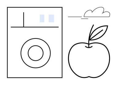 Elma ve çamaşır makinesi basit bir bulut tarafından tamamlanmış temiz çizgilerle çizilmiş. Sağlık, beslenme, sürdürülebilirlik, temizlik, minimalizm, modern tasarım, eko-yaşam için idealdir. Basit düz metafor