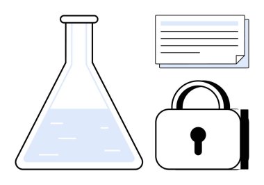 Araştırma güvenliğini, veri gizliliğini, gizliliği, gizlilik, inovasyon korumasını, fikir mülkiyetini, güvenlik kaydını temsil eden sıvı, asma kilit ve belge yığınıyla dolu bir laboratuvar şişesi.