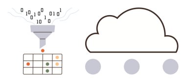 İkili veri, noktalara bağlı bir bulutun yanında veri filtreleme ve düzenleme işlemini temsil eden bir huniden bir tabloya akar. Veri yönetimi, bulut hesaplama, veri analizi ve makine için ideal
