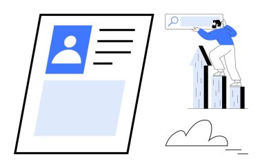 Avatar, kullanıcı detayları ve büyüme çubuğu içeren dijital profil belgesi. Büyüyen oklarda arama yapan kişi. İş arama, kariyer büyümesi, analitik, kişisel markalaşma, geliştirme veri takibi için ideal
