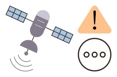 Uydu bir uyarı işareti ve iletişim ikonunun yanında dalgalar yayıyor. Teknoloji, iletişim, güvenlik, veri iletimi, küresel bağlantı, uyarı ve yenilik için ideal. Basit düz metafor