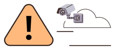 Güvenlik kamerası ve bulut anahatlarıyla eşleşen uyarı işareti veri güvenliğini, gizlilik denetimini, güvenliği, sistem alarmını, risk farkındalığını ve bulut teknolojisini sembolize eder. Siber güvenlik için ideal