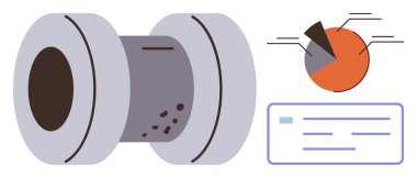 Üretim ve verimliliğe odaklı sanayi silindiri, veri analizi için pasta grafiği, analitik için gösterge paneli. Üretim, mühendislik, teknoloji, süreç optimizasyonu, veri için ideal