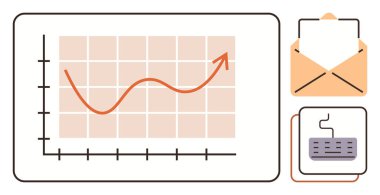 Yükselen bir eğilim çizgisi, iletileri sembolize eden bir zarf ve çevrimiçi işler için bir klavye. Büyüme, iletişim, analitik, strateji, üretkenlik, işbirliği dijital araçlar için ideal