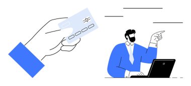 El ele tutuşan kredi kartı, dizüstü bilgisayara bakan bir adam. E-ticaret, ödeme, güvenlik, fintech, online iş, alışveriş dijital bankacılık için ideal. Minimalist modern basit düz metafor