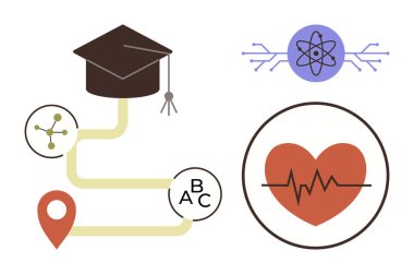 Mezuniyet başlığı, harita işaretleyici, bilim atomu, molekül ve kalp ECG çizgisi ile eğitim, bilim, sağlık, hedef araştırmaları ve kişisel gelişimi temsil etmektedir. İlerleme sağlığını öğrenmek için ideal