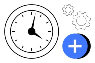 Saat yüzü, mekanik dişliler ve zamanı optimizasyon, görev verimliliği, verimlilik ve gelişim fikirlerini birleştiren mavi artı işareti. İş, organizasyon, strateji iş akışı için ideal