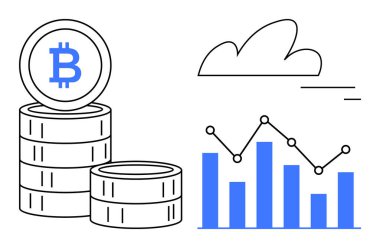Analitik çubuk grafiğinin yanına istiflenmiş bitcoin paralar, trend çizgisi ve bulut. Kripto para birimi, finans analizi, blok zinciri, yatırım büyümesi, dijital ekonomi, fütürist kavramlar, basit