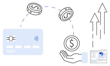 Eline bozuk para atan kredi kartı, büyüme okları, analitik torpido gözü. Ödeme sistemleri için ideal, fintech, tasarruf, yatırım, iş analizleri, finansal büyüme sade iniş sayfası