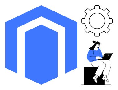 Soyut mavi amblem, teknolojiyi sembolize eden ekipman, dizüstü bilgisayarda çalışan kadın. Teknoloji, yazılım, geliştirme, e-ticaret, verimlilik öğrenme işi için idealdir. Basit düz metafor