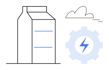 Enerji verimliliği ve yenilikçiliği gösteren içinde yıldırım olan bir fabrika binası. Sürdürülebilirlik, yenilenebilir enerji, sanayi, teknoloji, üretim, çevre, basit