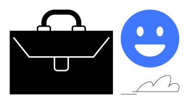 Mavi gülümseyen bir yüz ve minimalist bir bulutun yanında siyah evrak çantası kariyeri, pozitifliği ve esnekliği simgeliyor. Kariyer büyümesi, mutluluk, minimalizm, başarı ve esneklik dengesi için ideal