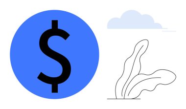 Mavi çemberdeki siyah dolar işareti basit bitki ve ışık bulutu tasarımı ile eşleştirilmiş. Finans, ekonomi, yatırım, tasarruf, büyüme, iş, zenginlik için ideal düz metafor